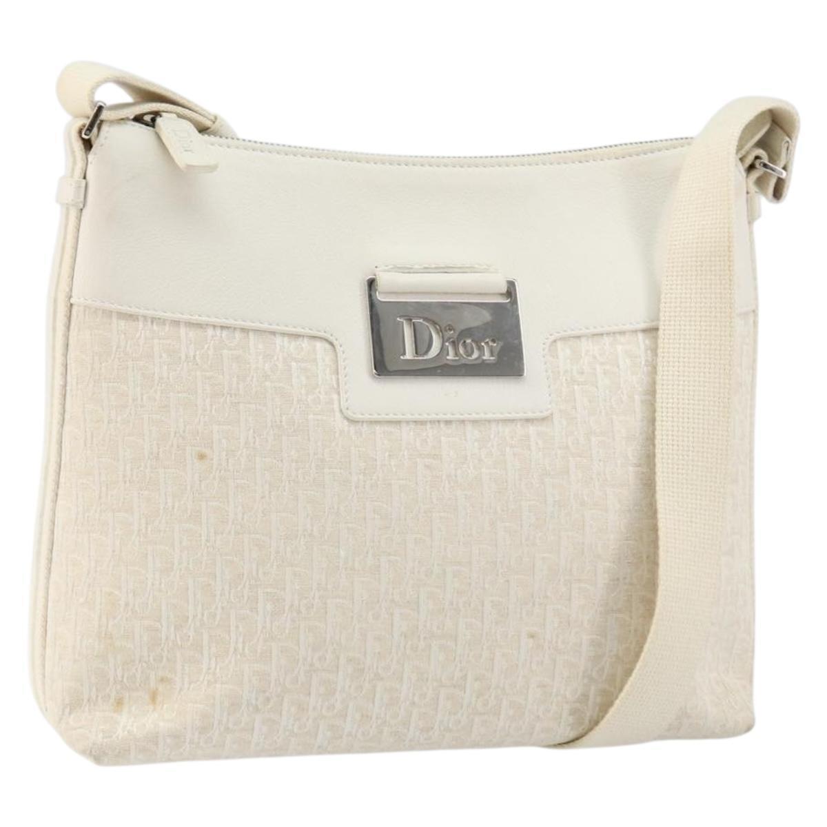 Christian Dior Trotter Canvas Shoulder Bag White Gold Auth Ep11056